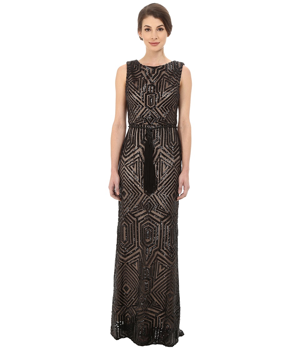 Vince Camuto All Over Geometric Sequin Gown w/ Fringe Sash (Black) Women