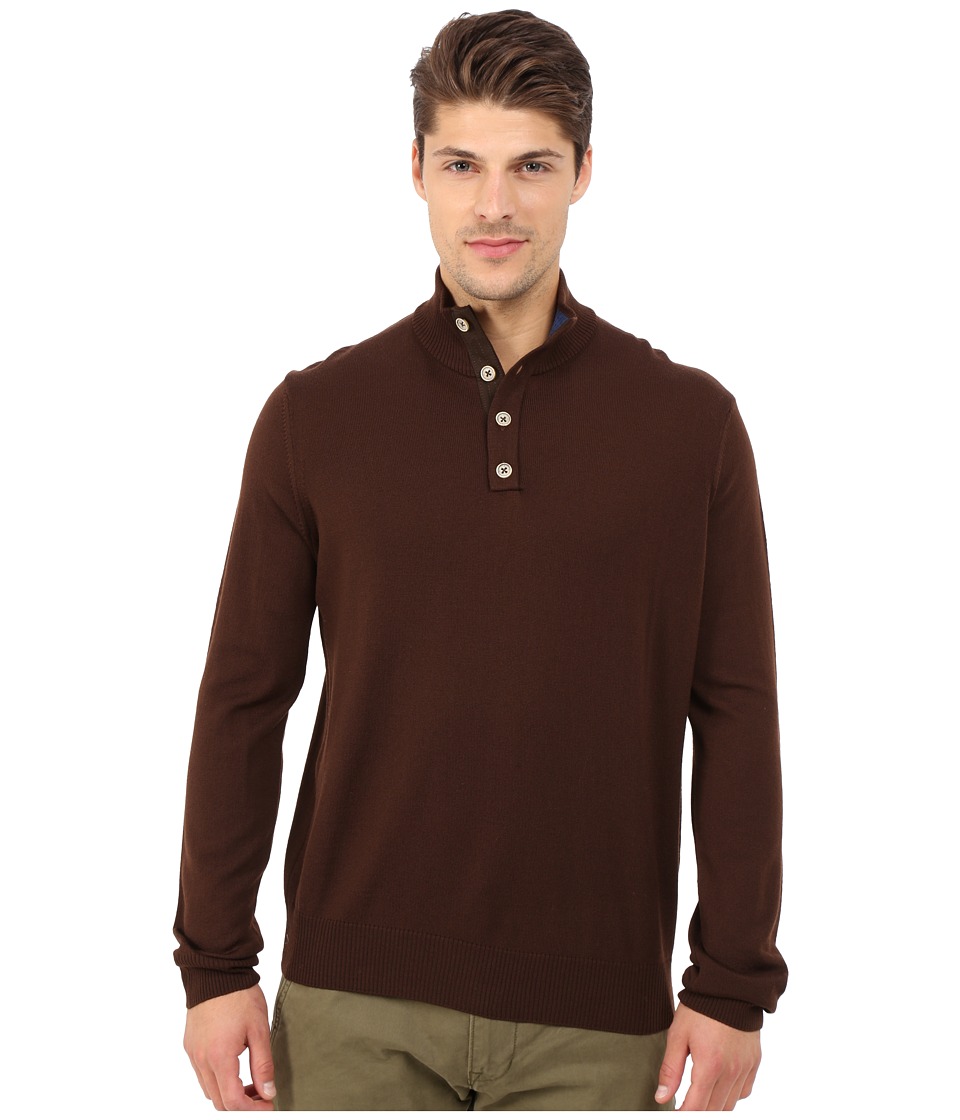 Thomas Dean & Co. - Long Sleeve Sweater Italian Extra-Fine Merino Quarter Button (Brown) Men