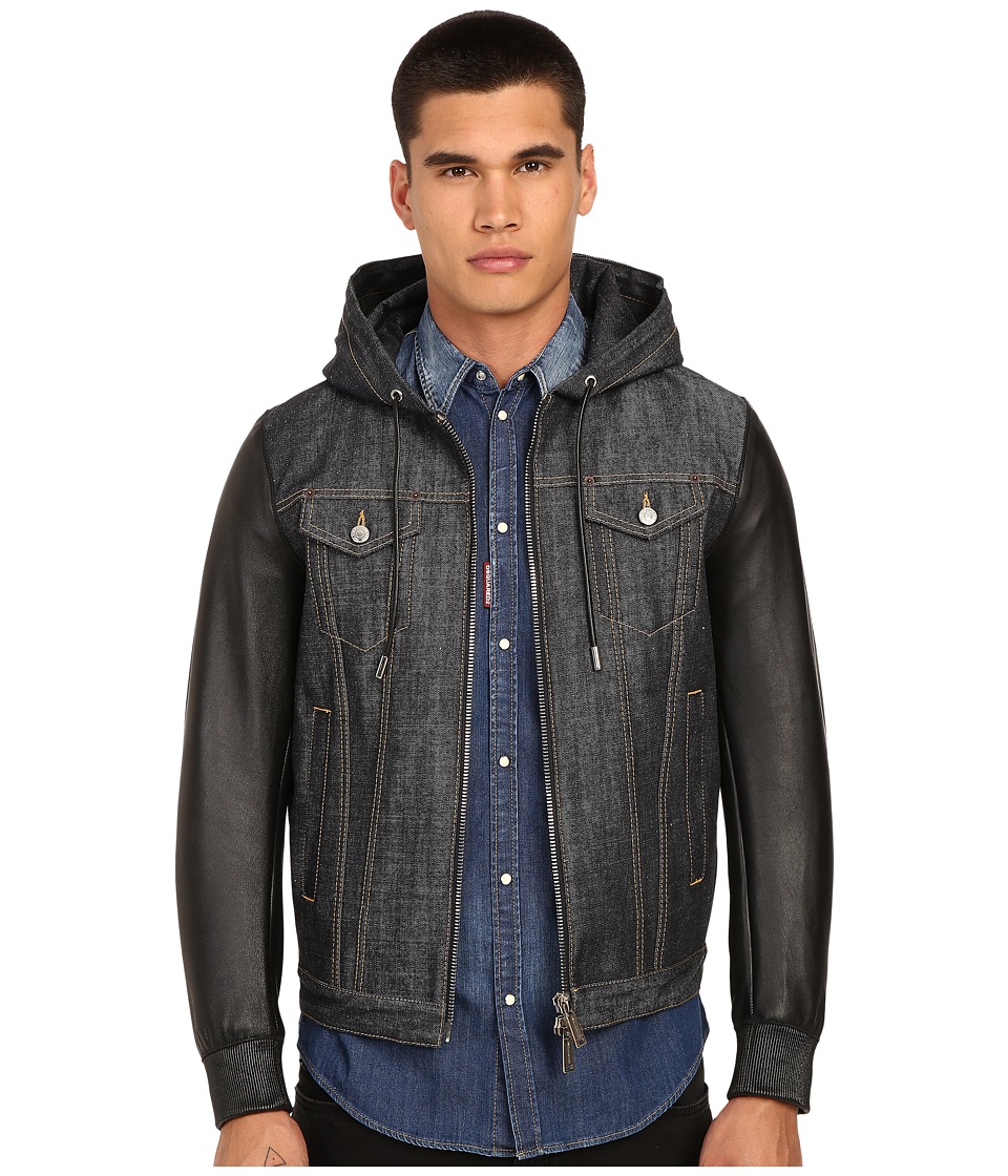 DSQUARED2 - Tough Hooded Mixed Leather Bomber (Blue) Men's Coat