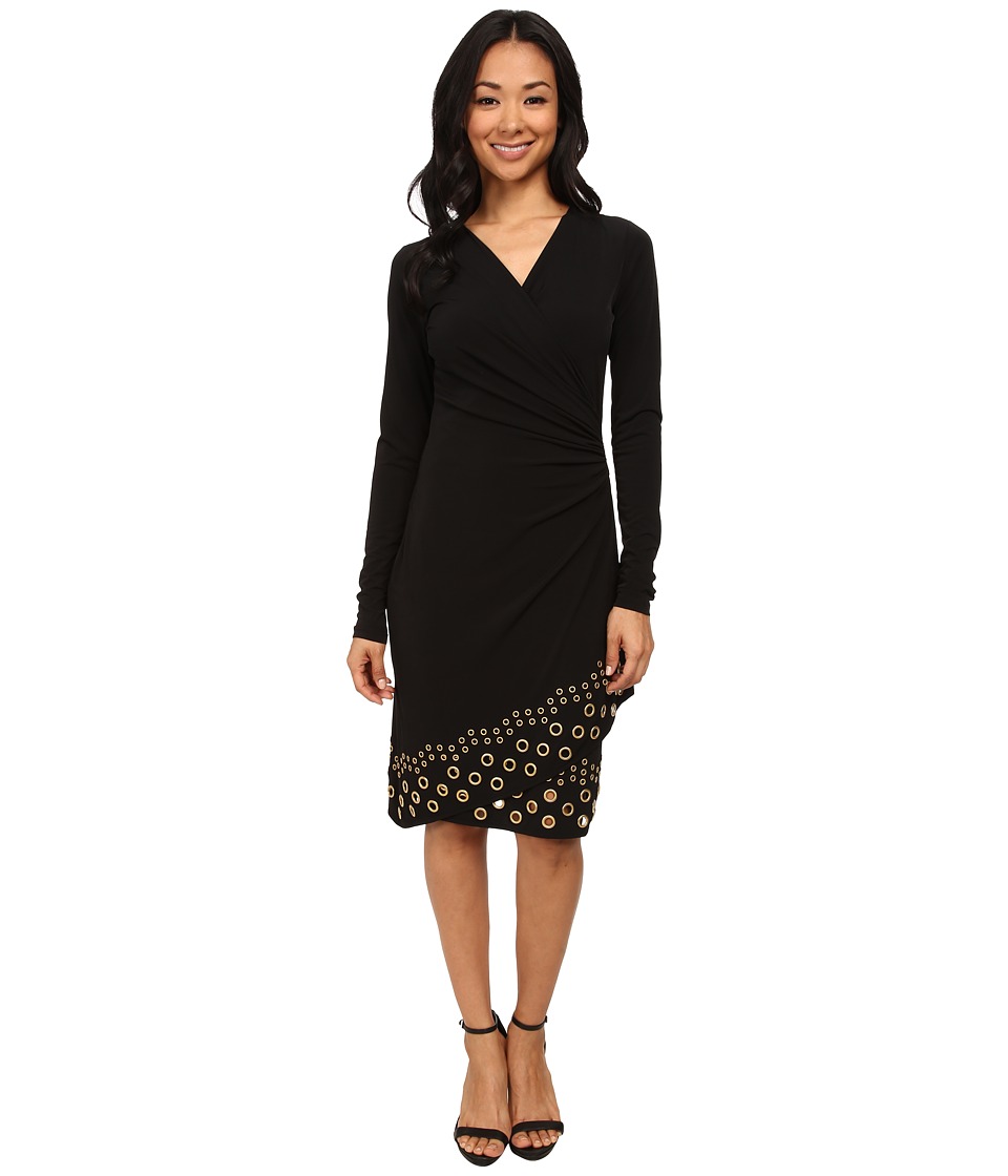 MICHAEL Michael Kors Long Sleeve Grommet Hem Wrap Dress (Black/Gold) Women