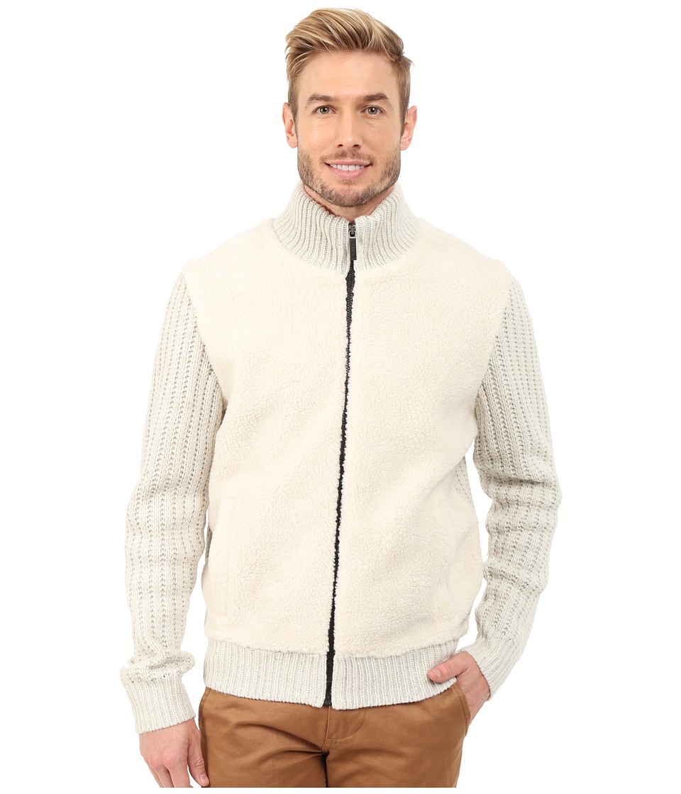 DKNY Jeans - Long Sleeve Tweed Yarn Full Zip Mock Neck Sweater w/ Sherpa Front (Ivory) Men