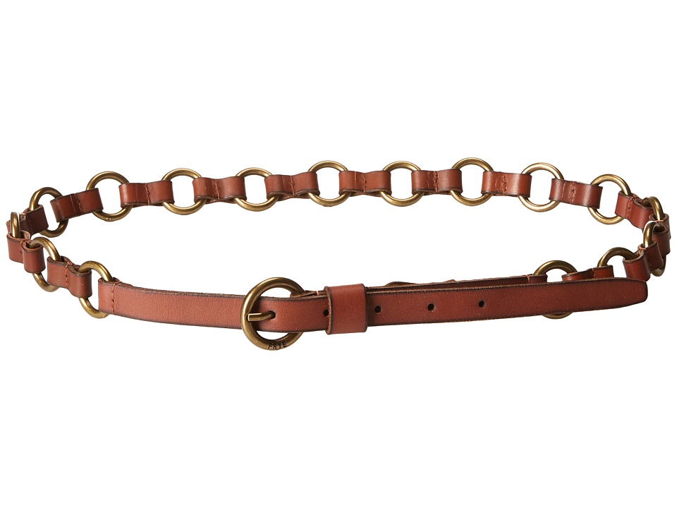 Frye 13mm Leather and Metal Ring Belt on Logo Harness Buckle (Luggage/Antique Brass) Women