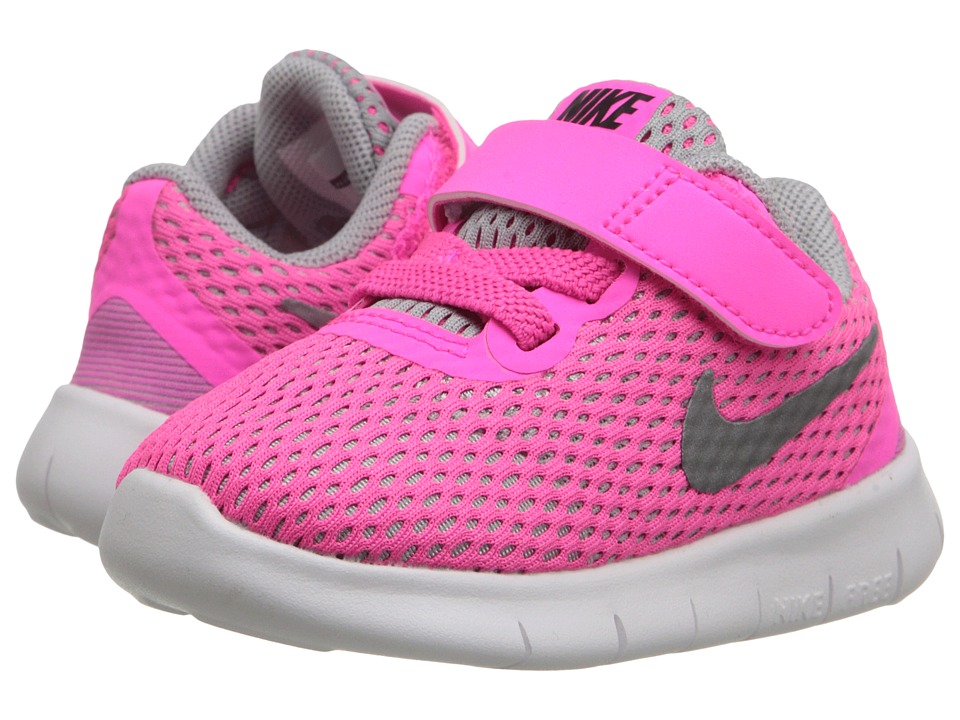 Nike Kids Free RN (Infant/Toddler) (Pink Blast/White/Black/Metallic Silver) Girls Shoes