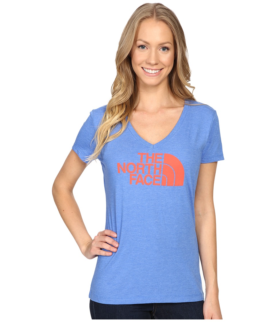 The North Face - Short Sleeve Half Dome V-Neck Tee (Coastline Blue Heather/Radiant Orange) Women