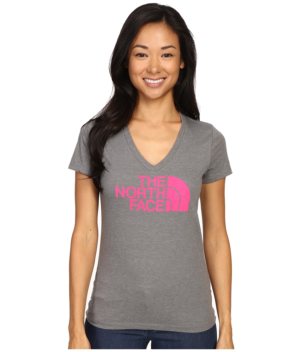 The North Face - Short Sleeve Half Dome V-Neck Tee (TNF Medium Grey Heather/Raspberry Rose) Women