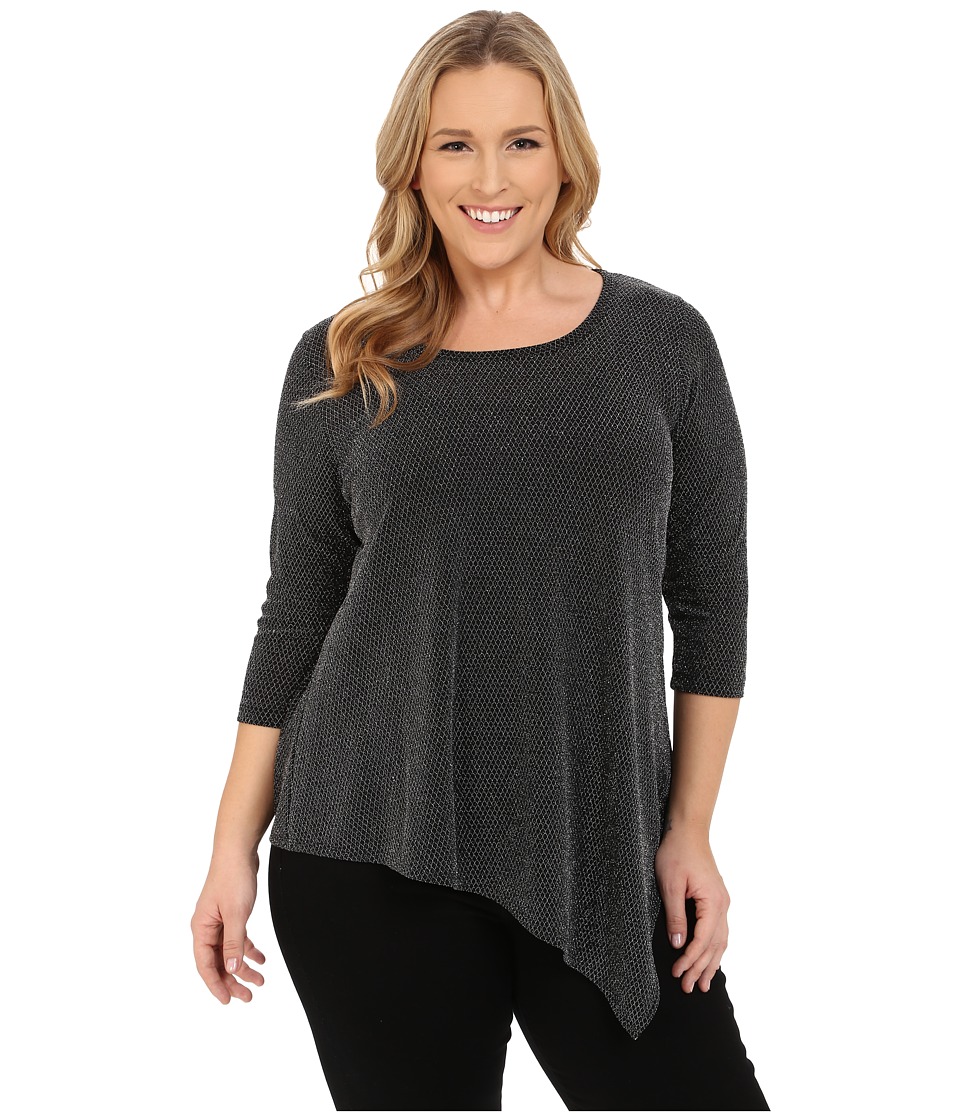 Karen Kane Plus - Plus Size 3/4 Sleeve Asymmetrical Hem Sparkle Top (Black/Silver 1) Women