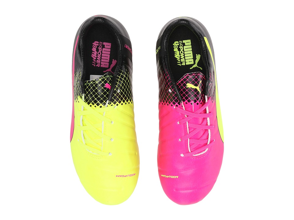 Puma Kids evoPOWER 1.3 Tricks FG Soccer (Little Kid/Big Kid) (Pink Glo/Safety Yellow/Black) Kids Shoes