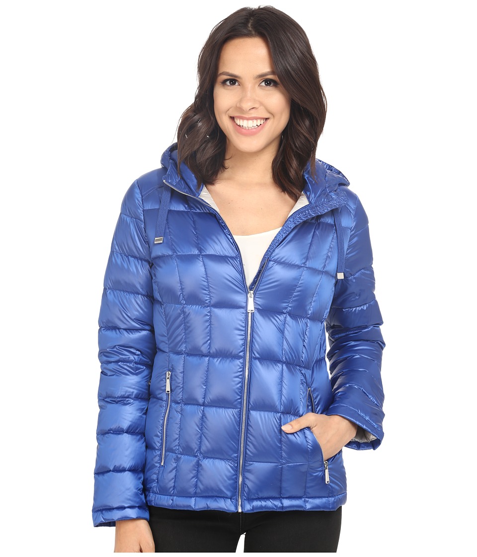 Calvin Klein Short Hooded Lightweight Packable Down (Pearlized Royal Blue) Women
