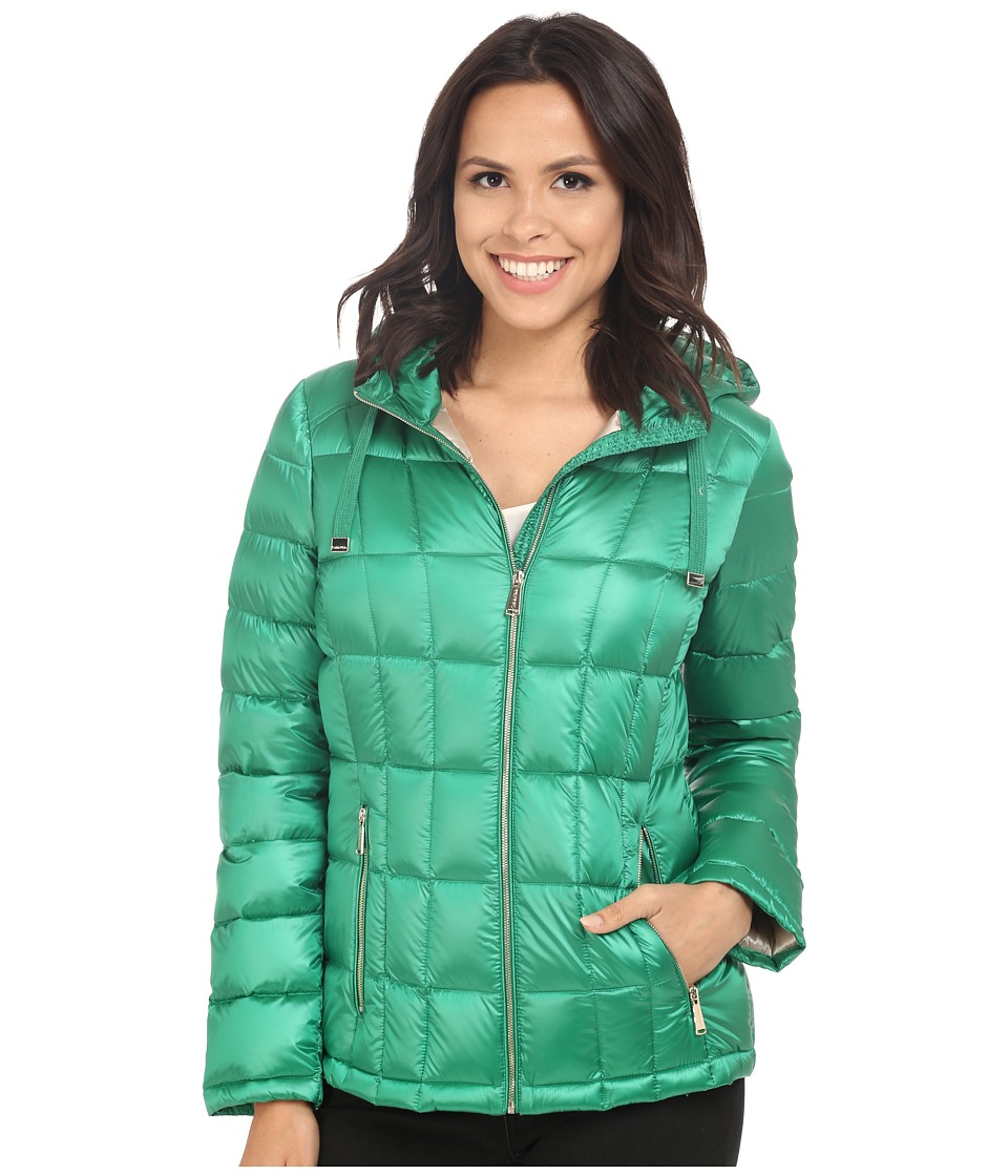 Calvin Klein Short Hooded Lightweight Packable Down (Pearlized Kelly Green) Women