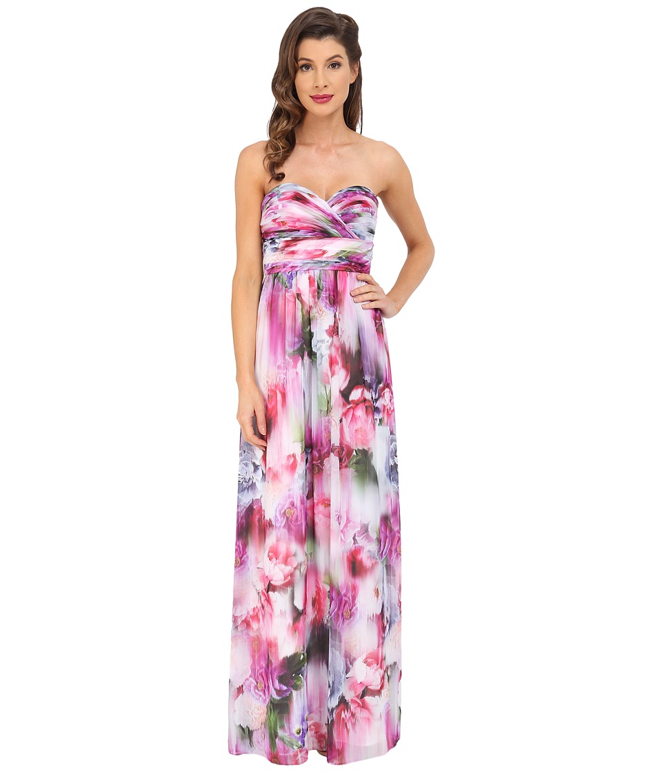 Aidan Mattox Strapless Printed Chiffon Gown with Shirrred Bust Detail (Pink/Multi) Women