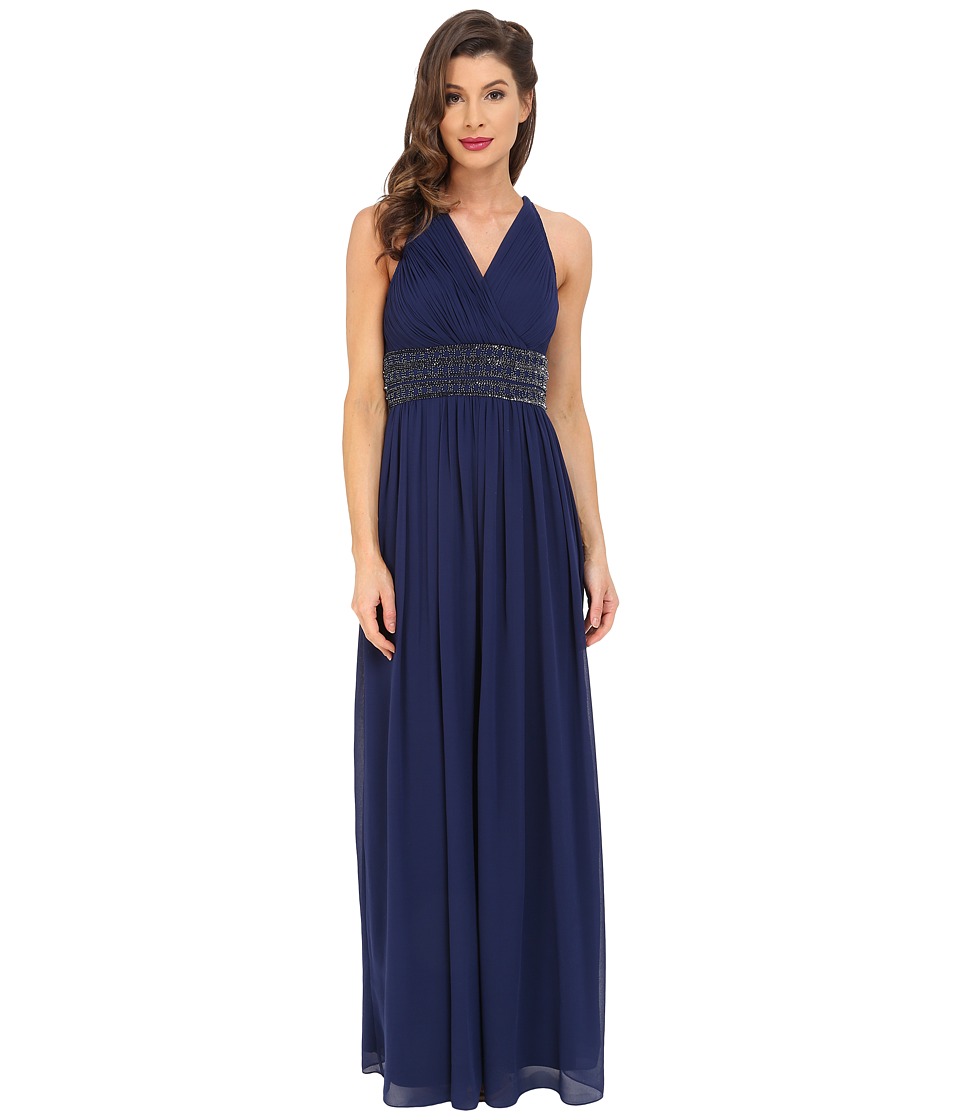 Aidan Mattox Shirred Chiffon Gown with Twist Back (Navy) Women