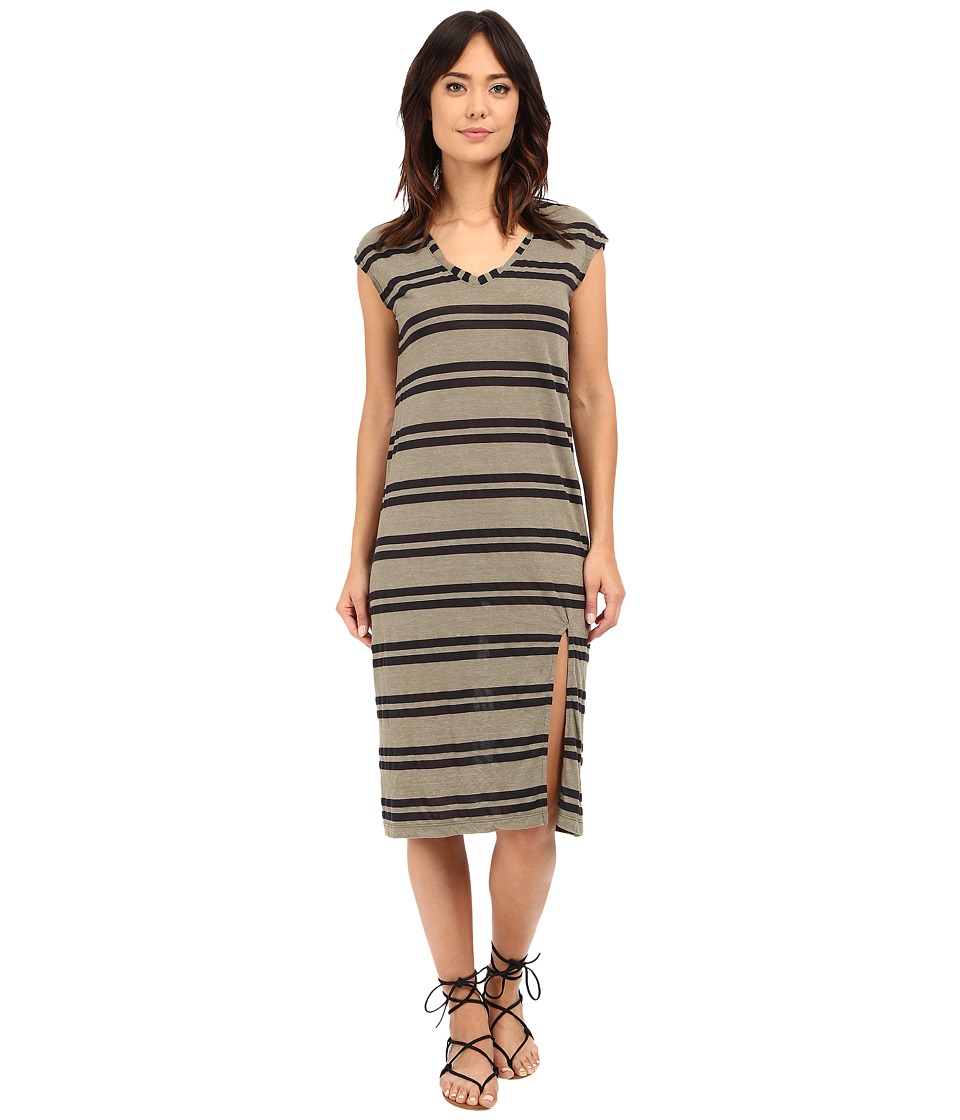 Michael Stars Montauk Stripe Midi Dress w/ Slit (Olive Moss) Women