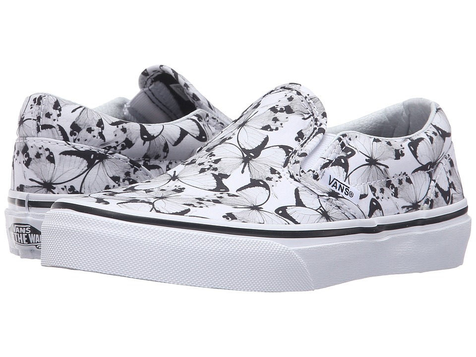 Vans Kids Classic Slip-On (Little Kid/Big Kid) ((Butterfly) True White/Black) Girls Shoes