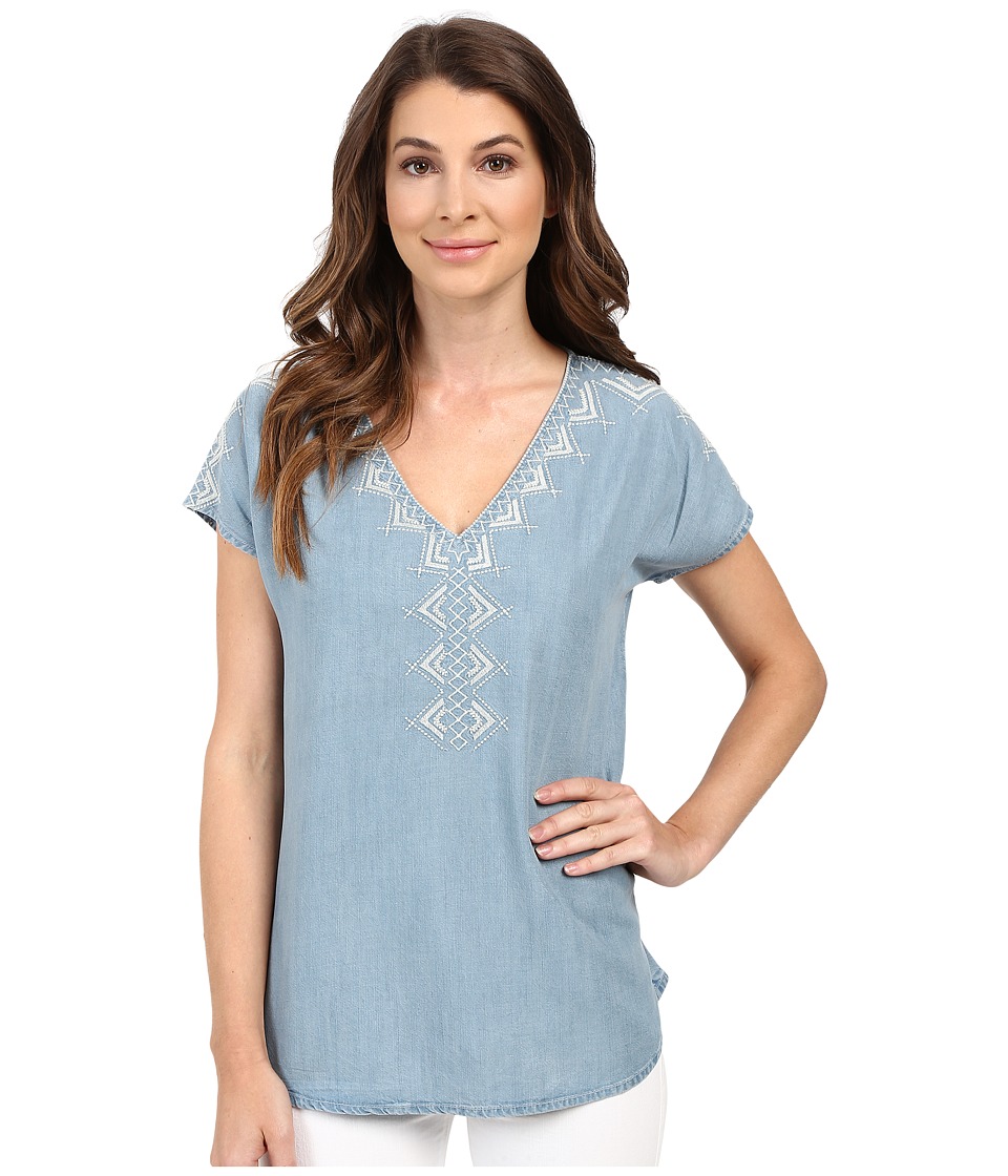 Mavi Jeans Embroidered Denim V-Neck Top (Light Indigo) Women