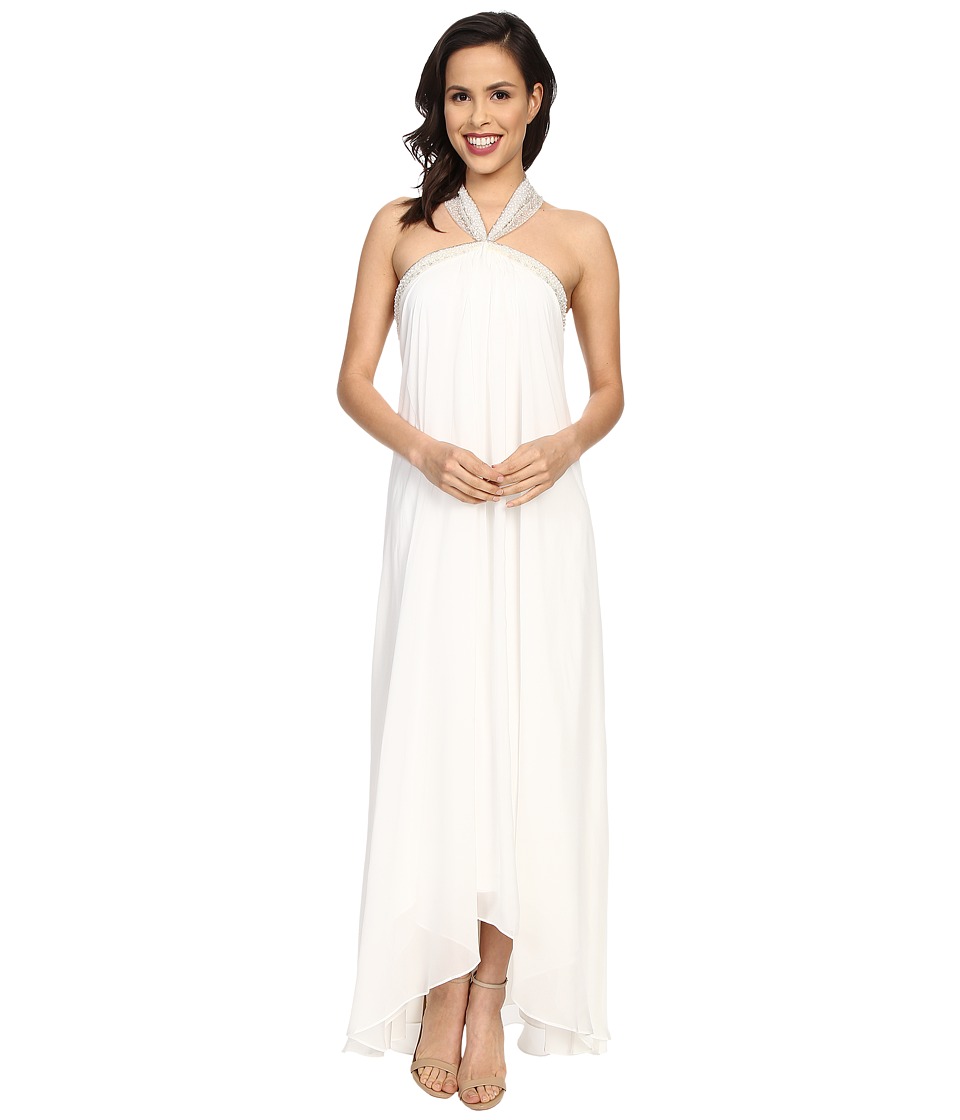 Badgley Mischka Solid Halter Draped Gown (White) Women