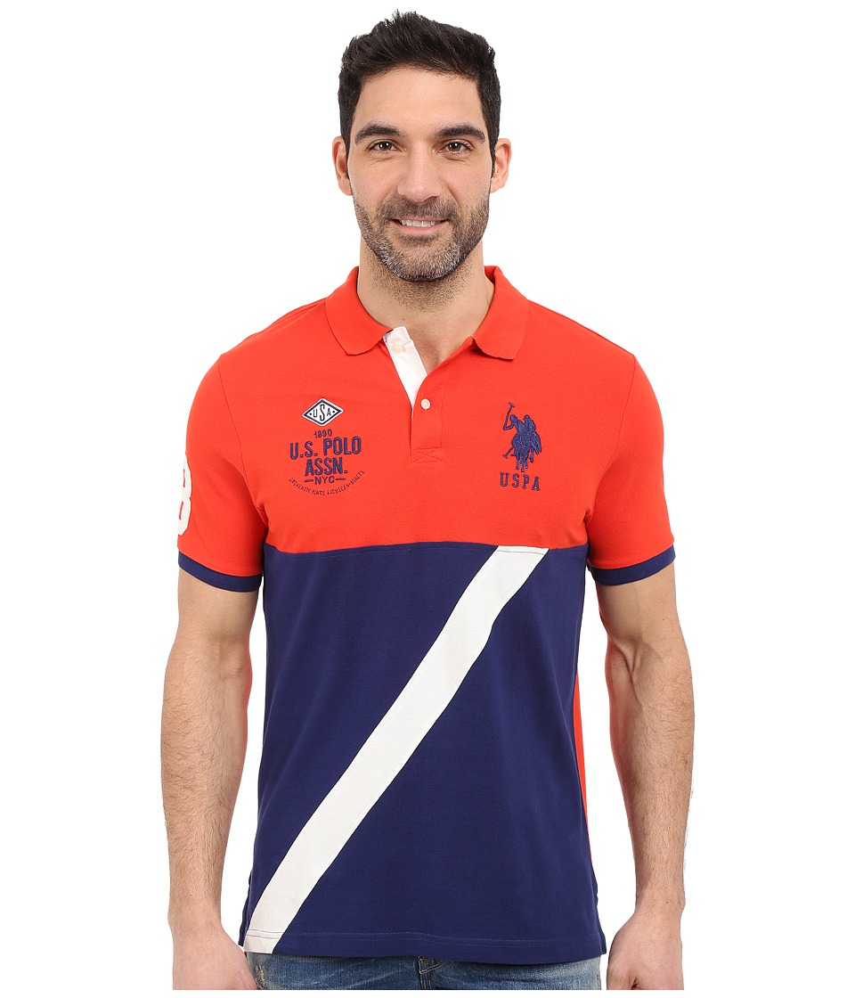 U.S. POLO ASSN. Color Block Diagonal Stripe Pique Polo Shirt (Crimson Fire) Men