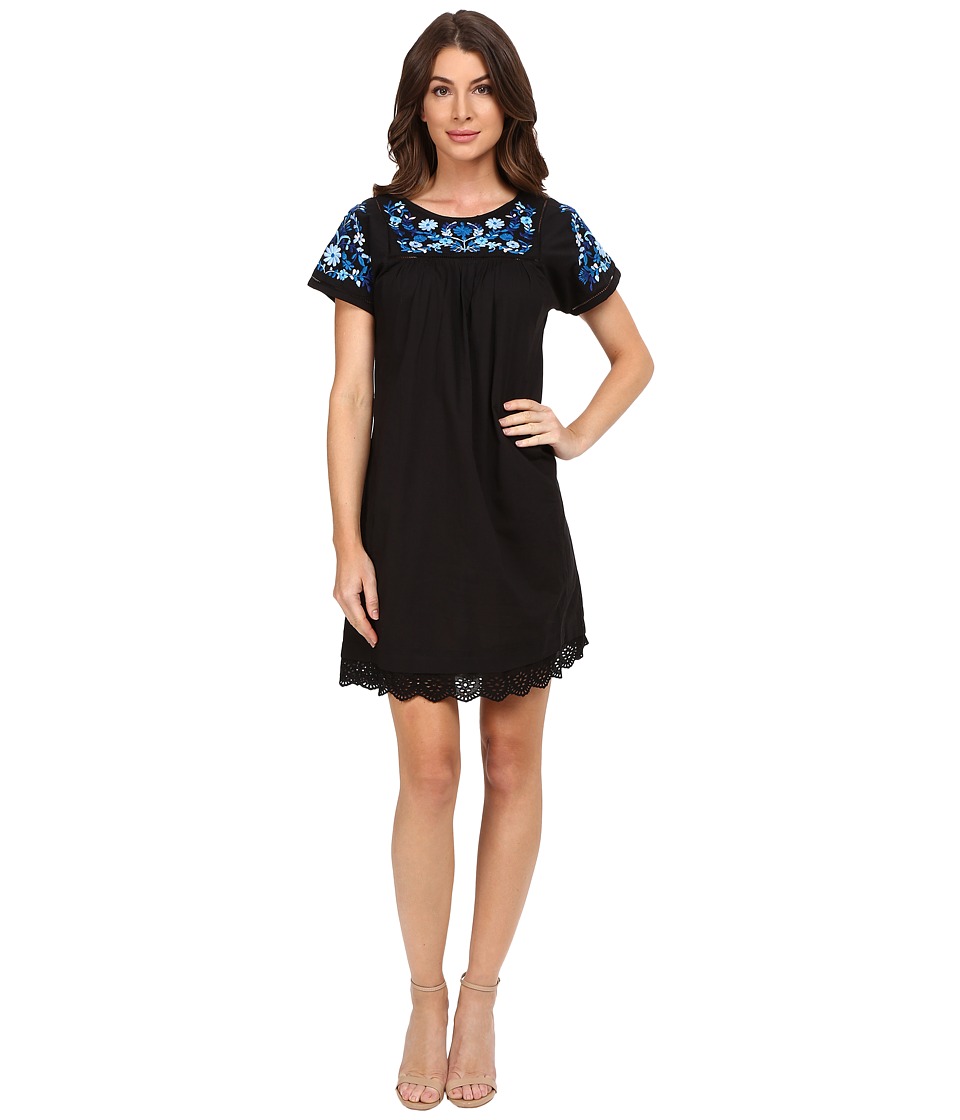 Rebecca Taylor Folk Garden Embroidery Short Sleeve Dress (Black) Women