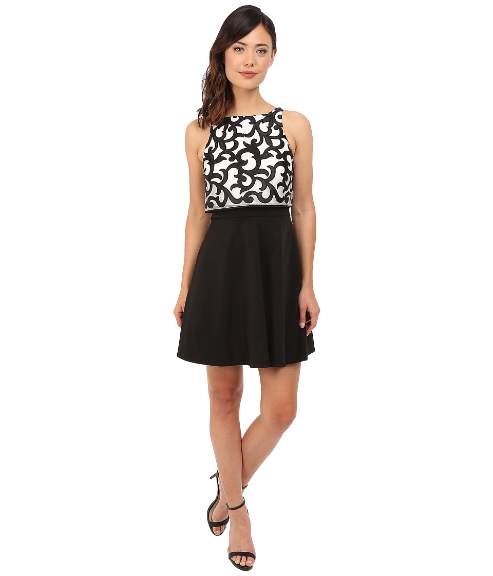 Aidan Mattox Popover Top Cocktail Dress with Embroidered Scroll Detail (Ivory/Black) Women