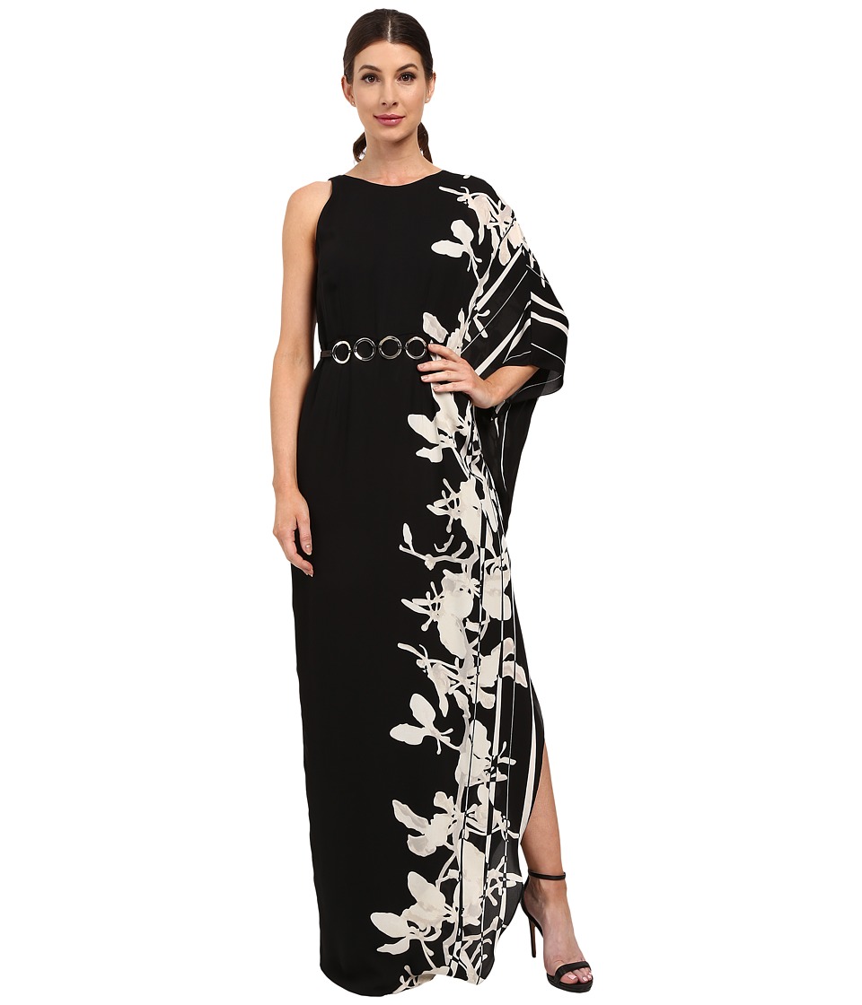 Halston Heritage One Sleeve Printed Gown with Curved Circle Belt (Black/Oyster Orchid Border Stripe) Women