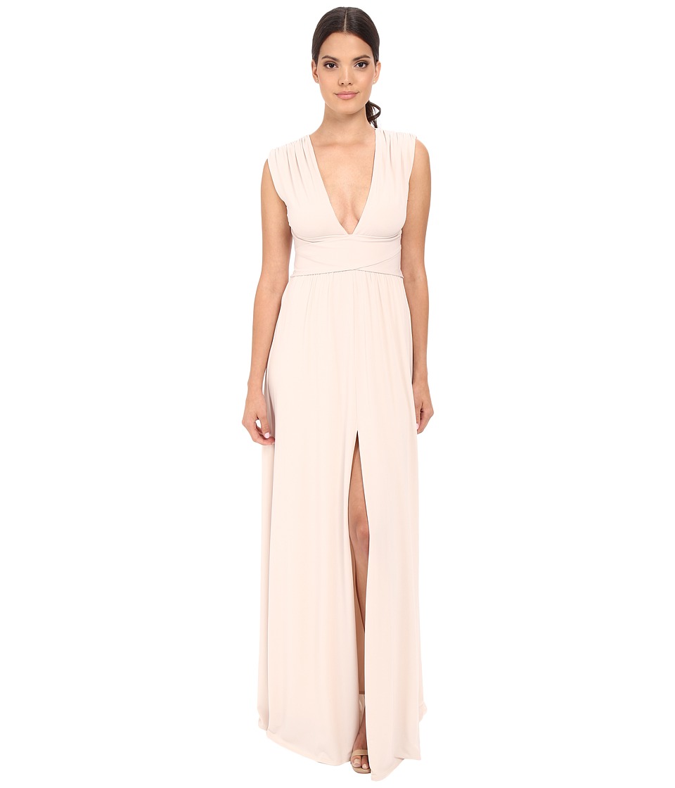 Halston Heritage Sleeveless V-Neck Jersey Gown with Wrap Tie Front Slit (Oyster) Women