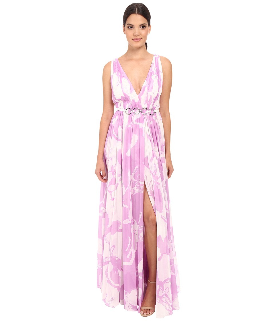 Halston Heritage Sleeveless V-Neck Print Blocked Chiffon Gown (Oyster/Tullip Orchid All Over Print) Women