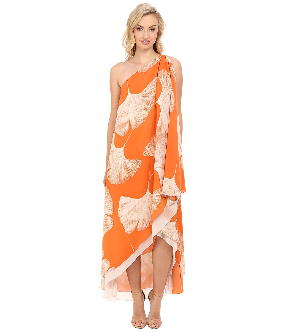 Halston Heritage One Shoulder Printed Drape Gown (Terracotta Botanical Print) Women