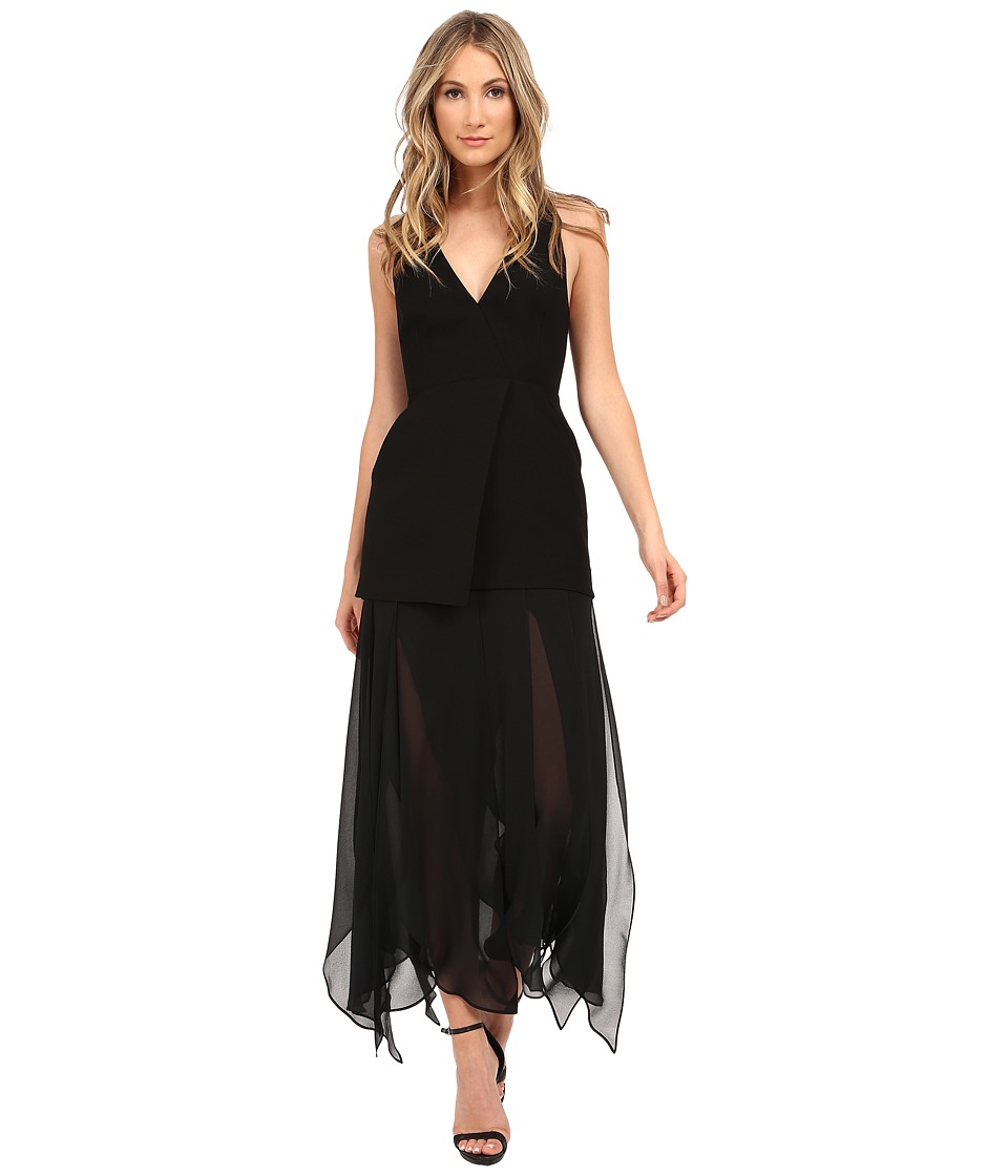 Halston Heritage Sleeveless Deep V-Neck Crepe Dress with Flowy Skirt (Black) Women