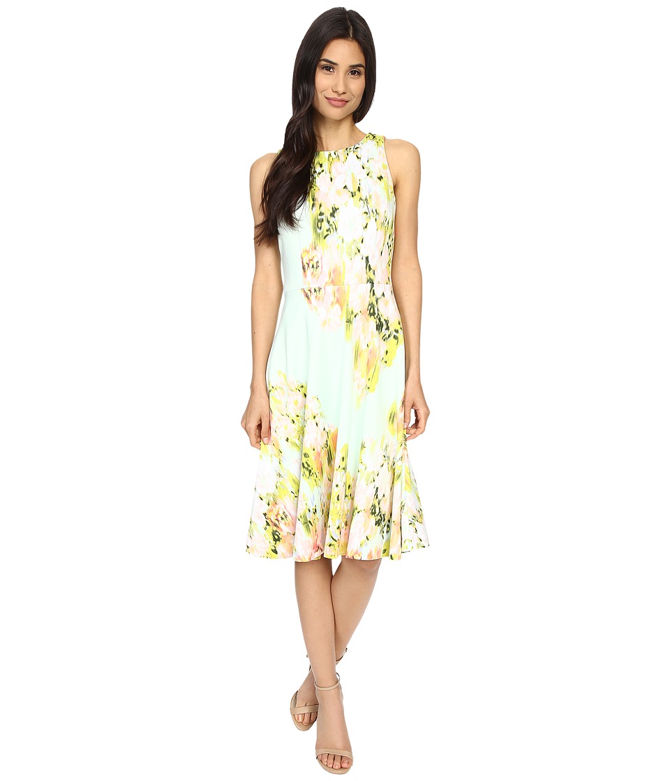 Maggy London Water Wash Garden Printed Scuba Fit and Flare Dress (Mint/Pink) Women