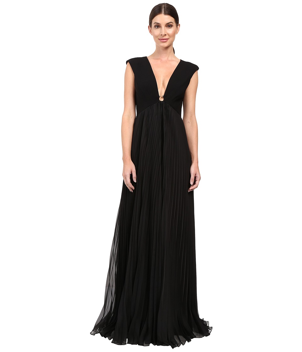 Halston Heritage Cap Sleeve Deep V-Neck Gown with Pleated Skirt (Black) Women