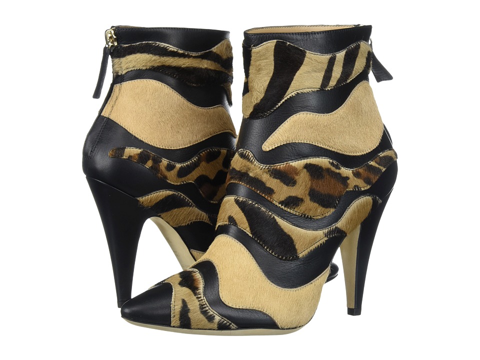 Alberta Ferretti Calf Leather Mixed Animal Ankle Boot, A1566 (Fantasy Black) Women