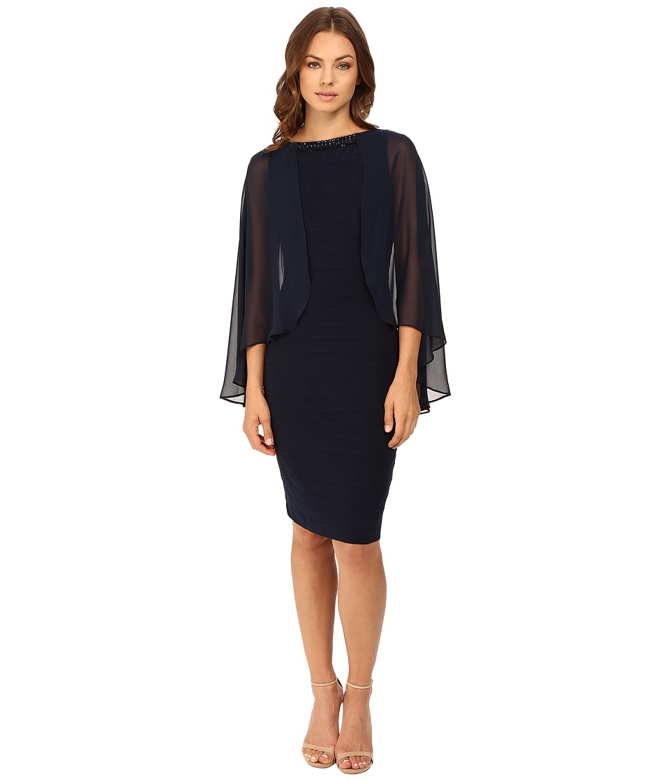 Adrianna Papell Banded Dress w/ Chiffon Cape and Banded Body (Eclipse) Women