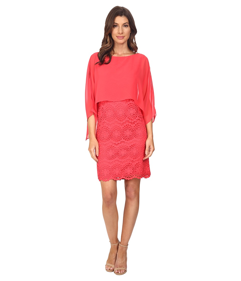 Adrianna Papell Chiffon Capelet Lace Sheath Dress (Coral) Women