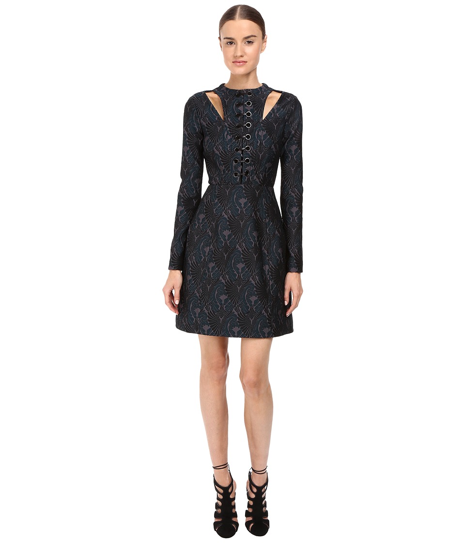 YIGAL AZROUEL Knit Jacquard Dress with Leather and Grommet Lacing (Pine Multi) Women