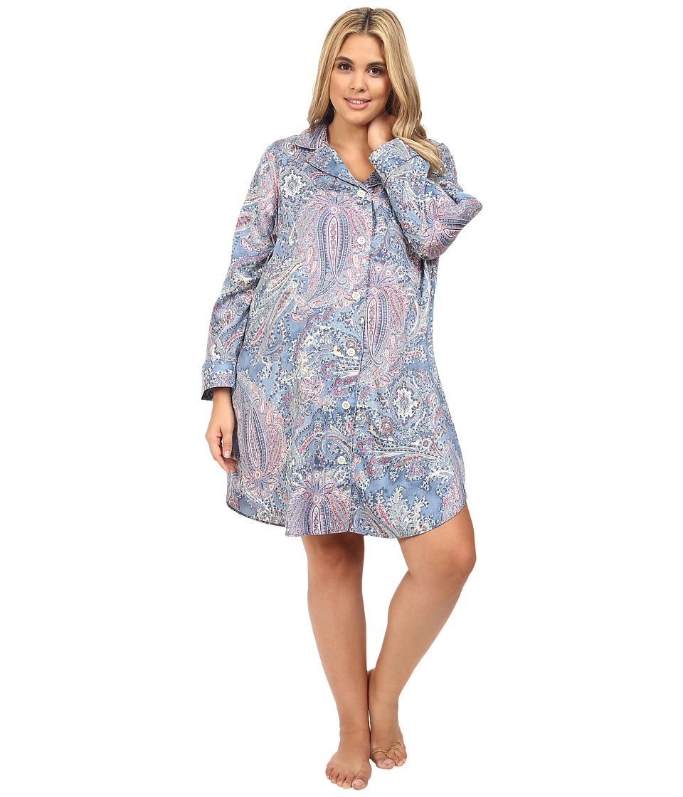 LAUREN Ralph Lauren - Plus Size Cotton Sateen Sleepshirt (Blue Paisley) Women