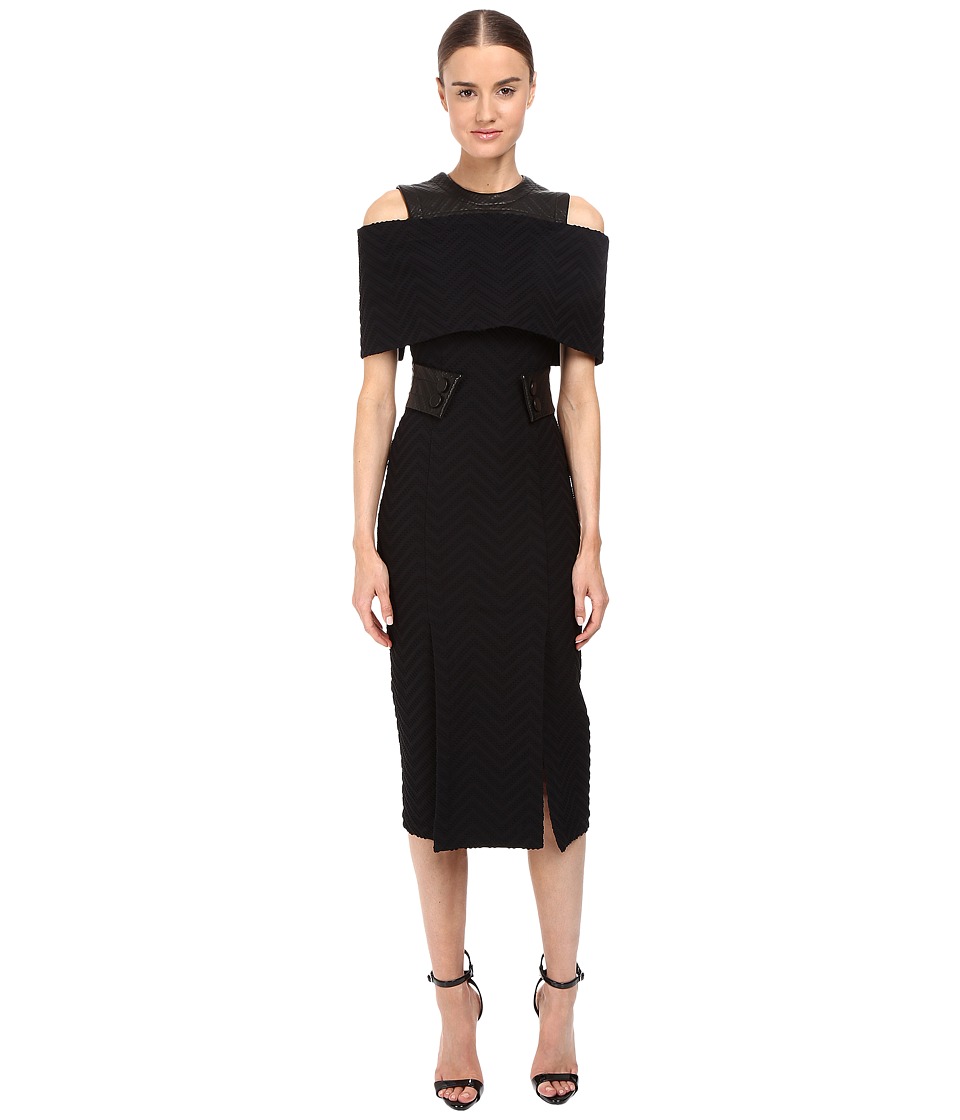 YIGAL AZROUEL Textured Cheveron and Leather Exposed Shoulder Cap Dress (Black) Women