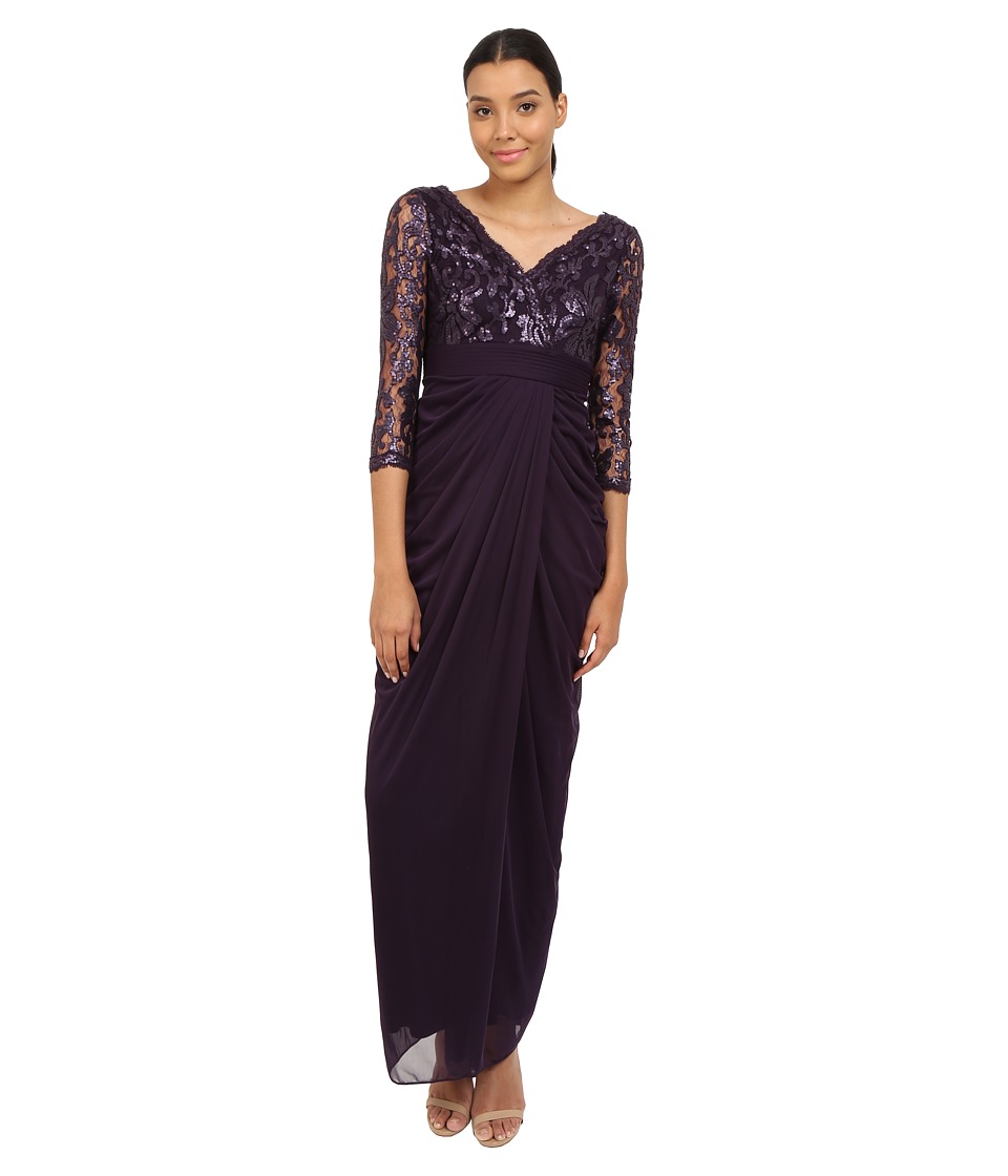 Adrianna Papell 3/4 Sleeve V-Neck Combo Gown (Aubergine) Women