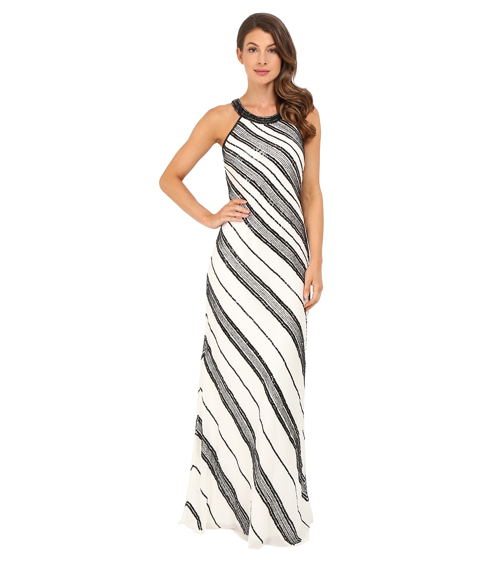 Adrianna Papell Halter Fully Beaded Georgette Gown (Ivory/Black) Women