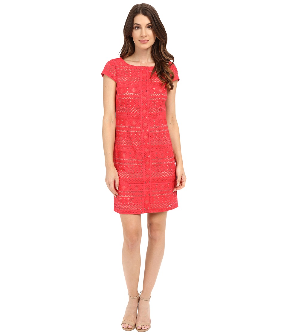 Laundry by Shelli Segal Texcoco Embroidered T-Body Dress with Lace Detail (Coral Rage) Women