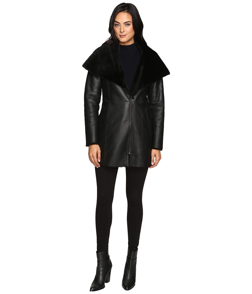 Cole Haan Hooded Shearling Car Coat (Black) Women