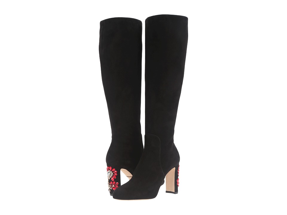 Dolce & Gabbana Suede Knee Boot with Jewel Embellished Heel (Black) Women