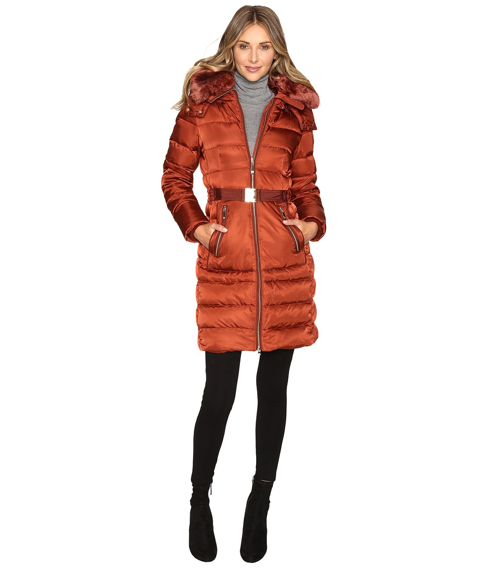 Vince Camuto Belted Down with Removable Hood and Removable Faux Fur Collar L8691 (Rust) Women
