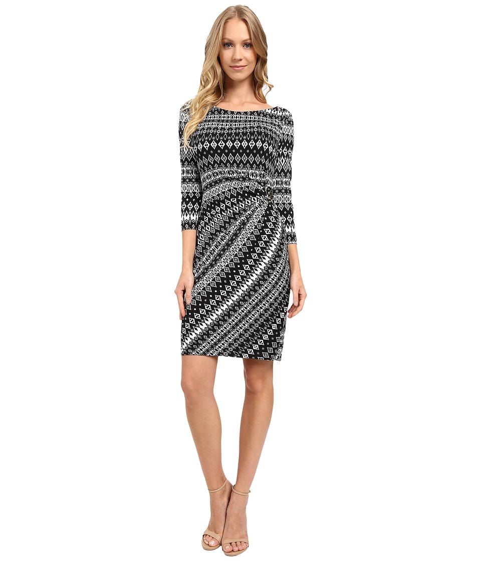 Tahari by ASL Faux-Wrap 3/4 Sleeve Printed Jersey Dress (White/Black) Women