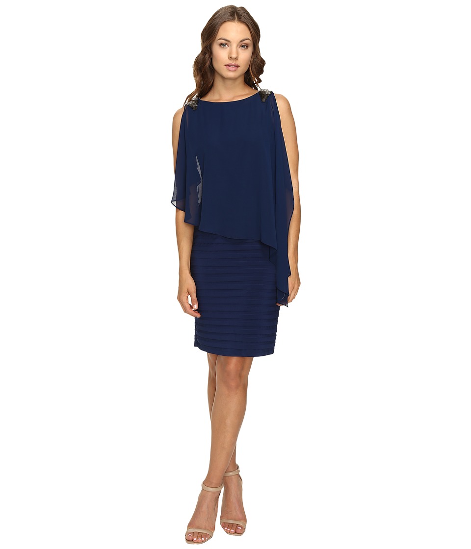Adrianna Papell Banded Dress w/ Chiffon Capelet and Beading (Lyric Navy) Women