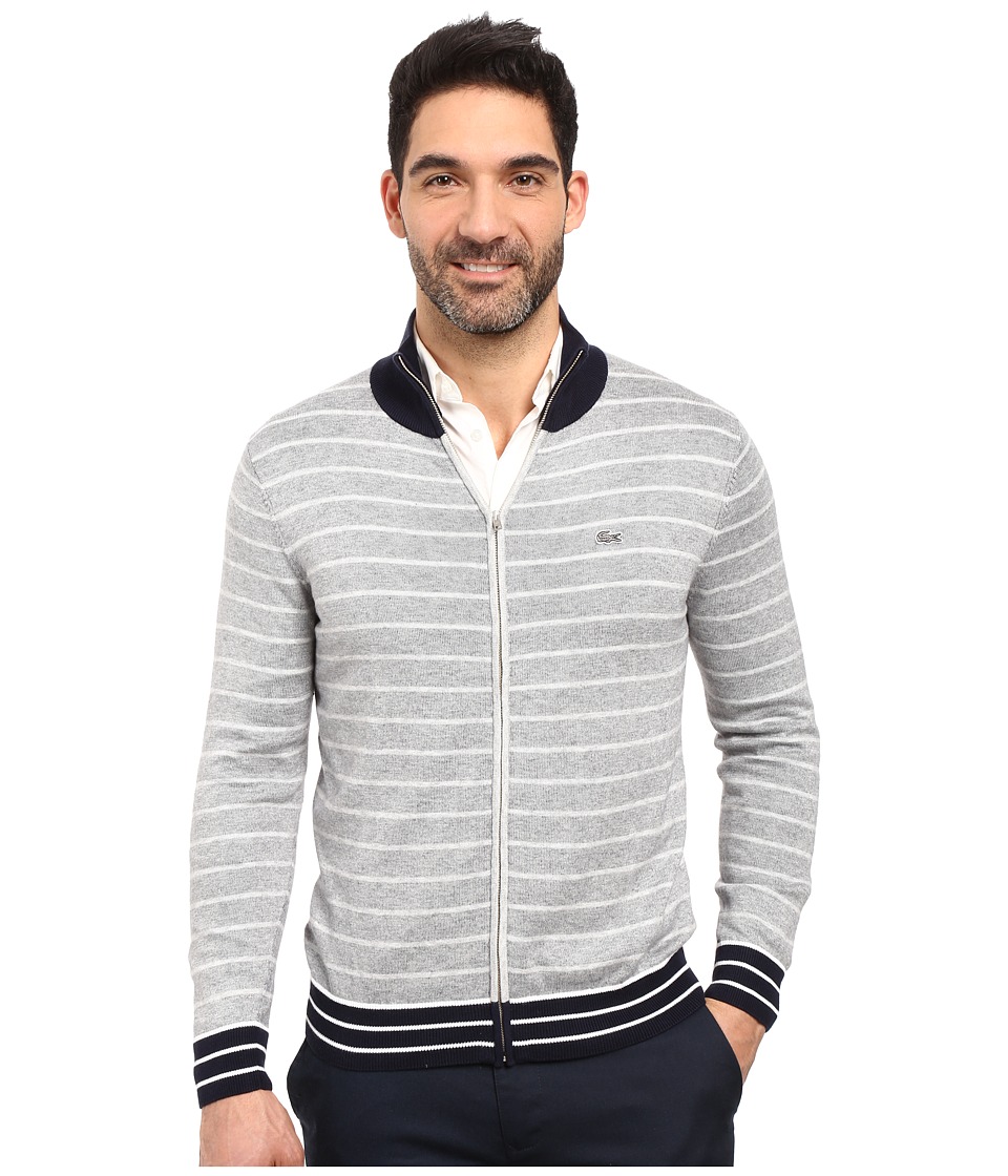 Lacoste Long Sleeve Double Face Chine Stripe Zip Cardigan (Silver Chine/Navy Blue/White) Men