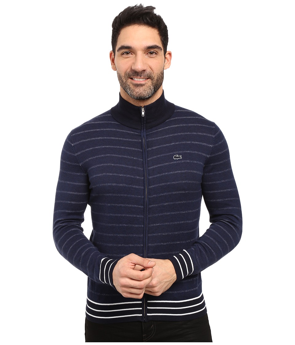Lacoste Long Sleeve Double Face Chine Stripe Zip Cardigan (Midnight Blue Chine/Navy Blue/Flour) Men