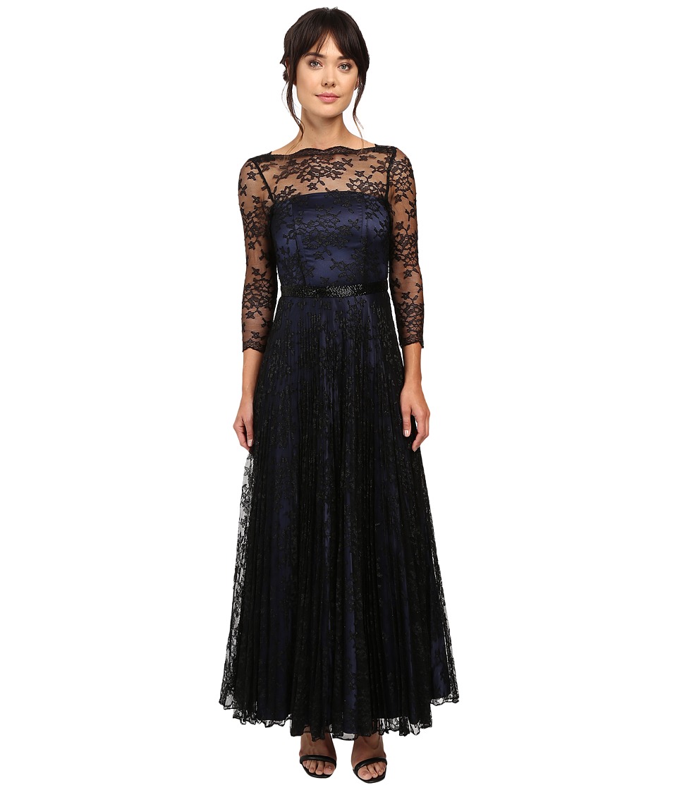 Tahari by ASL Black Lace Over Navy Lining Long Sleeve Dress (Navy/Black) Women