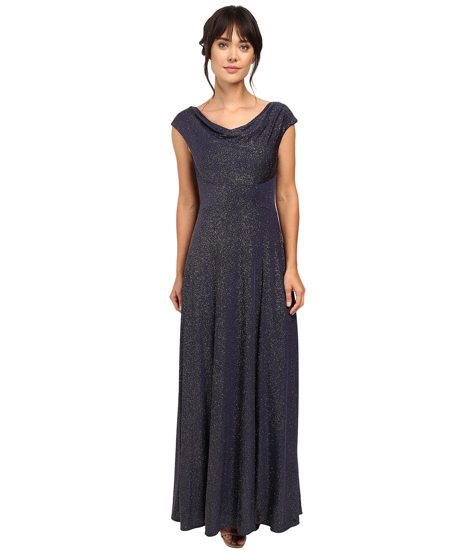 Tahari by ASL Glitter Jersey Cowl Neck Gown (Navy/Gold) Women