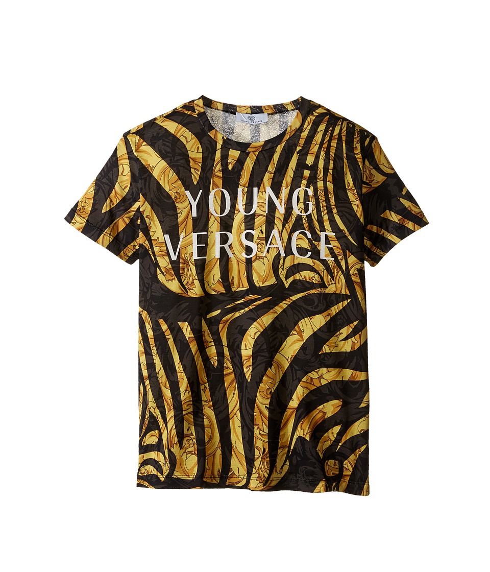 Versace Kids Short Sleeve Logo and Zebra Print Tee (Big Kids) (Black Gold) Boy