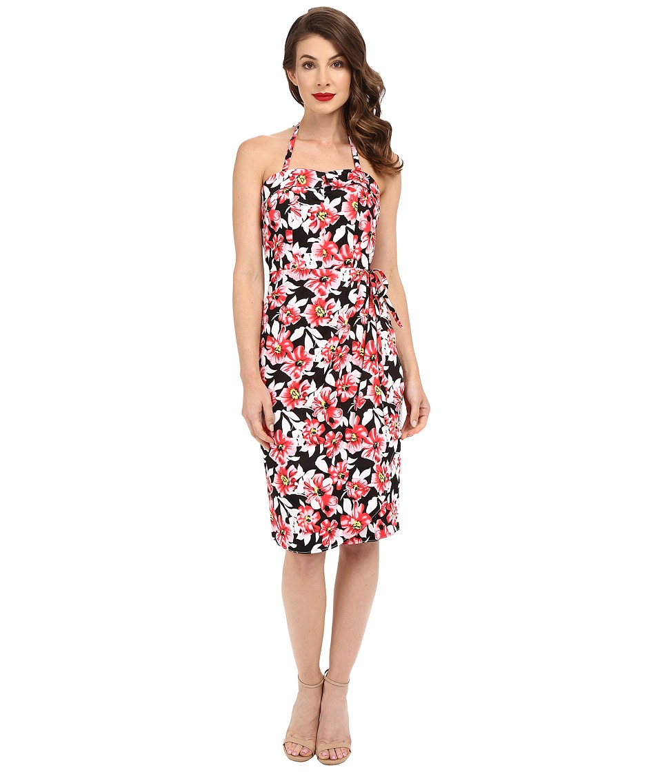 Unique Vintage Stretch Halter Sarong Wiggle Dress (Black Floral) Women