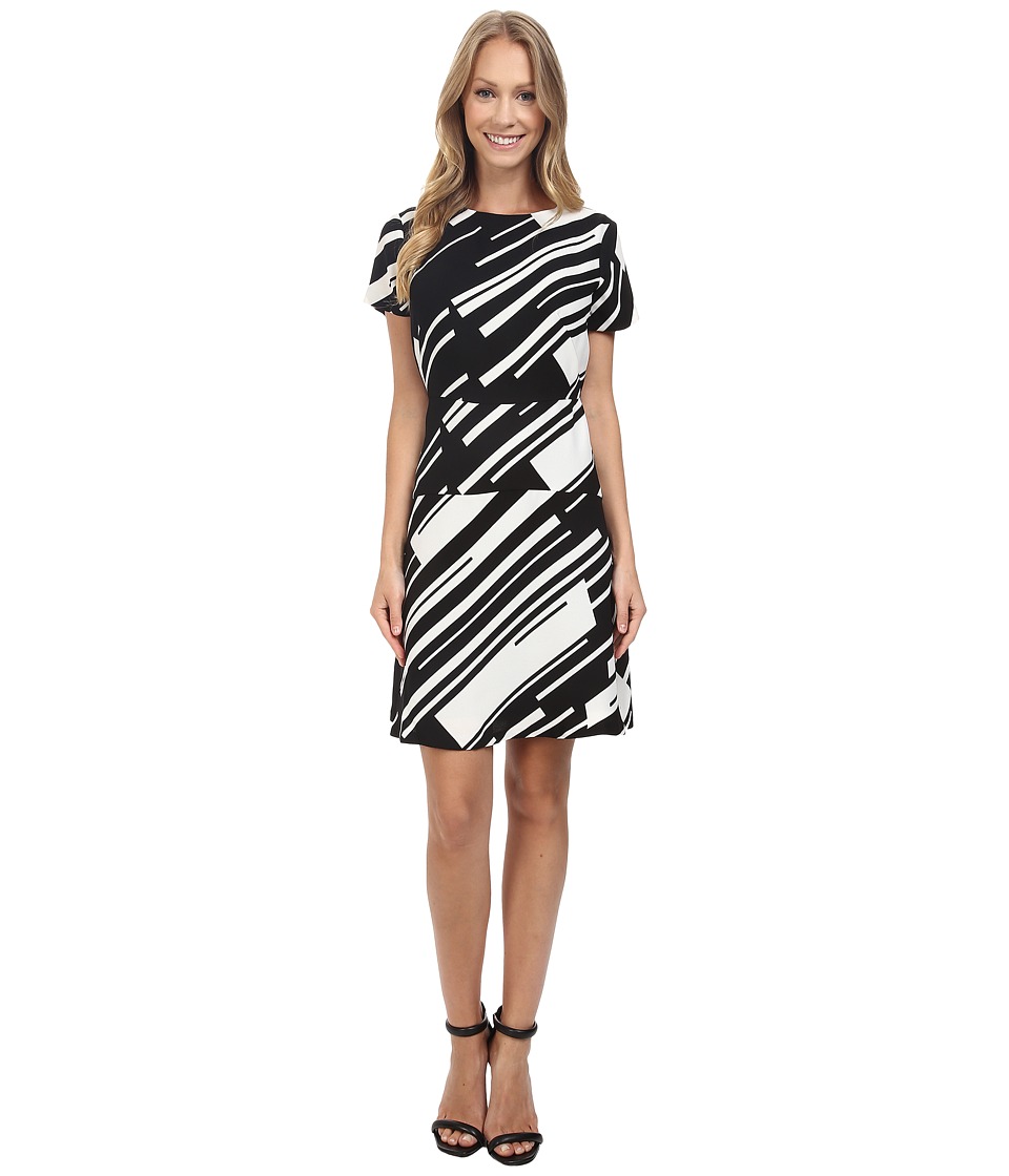 Vince Camuto Cap Sleeve Graphic Wave Flare Dress (Rich Black) Women